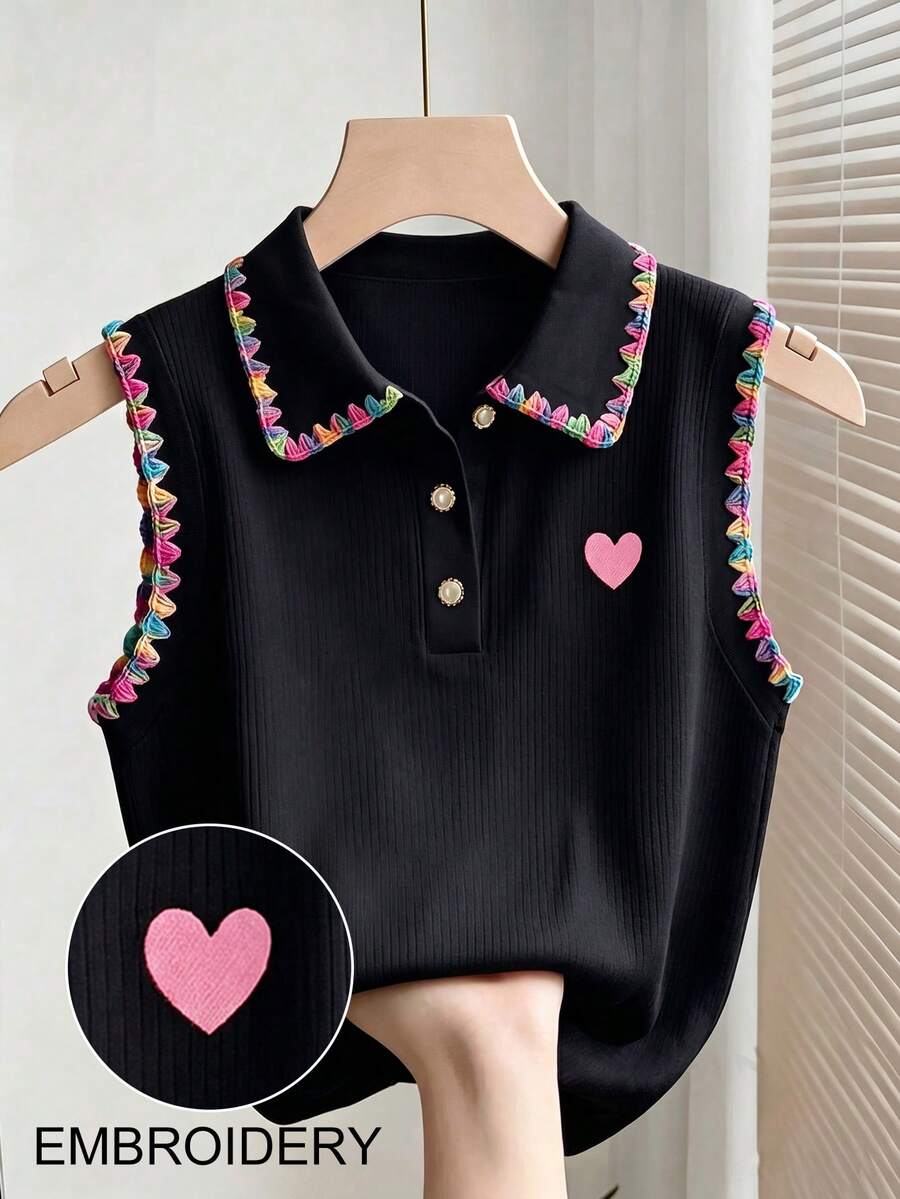 Resyla 彩虹狗牙邊心形刺繡黑色POLO領無袖針織女款背心 - 彩色 - 查看 1