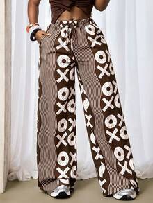 BamGleam Fashionable Casual Commuter City Break Wave Pattern Symbol Print Wide Leg Long Pants Brown Summer - Multicolor - View 7