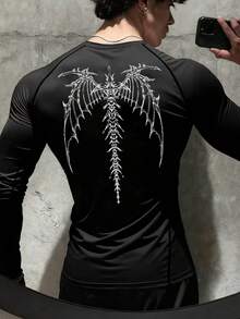 GymBeat Men's Round Neck Letter Print Pleated Slim Fit Versatile Daily Casual Long Sleeve Sport Tee, Gym - Black - View 2