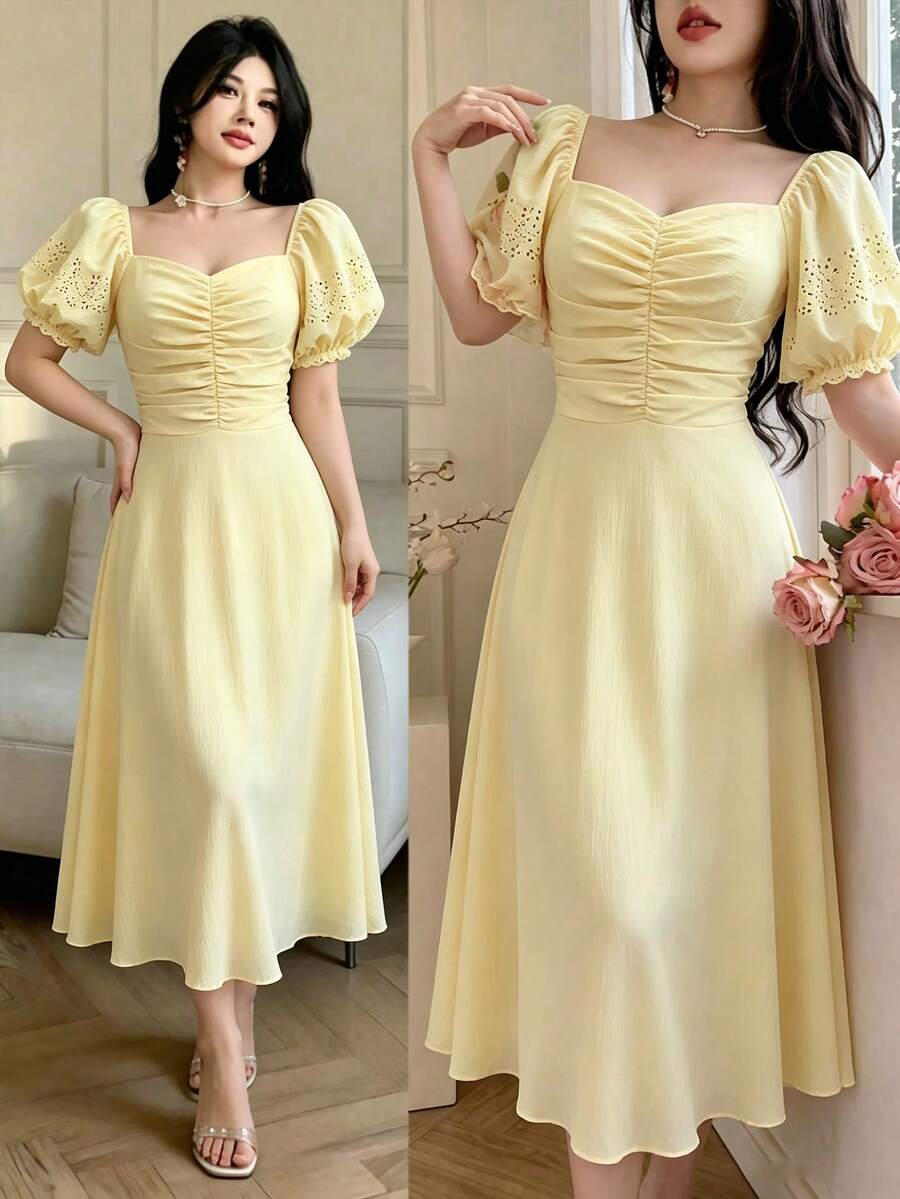 Celisse Vestido de estilo francés con textura de encaje y volantes para vacaciones de mujer - Azul Agua - Ver 1
