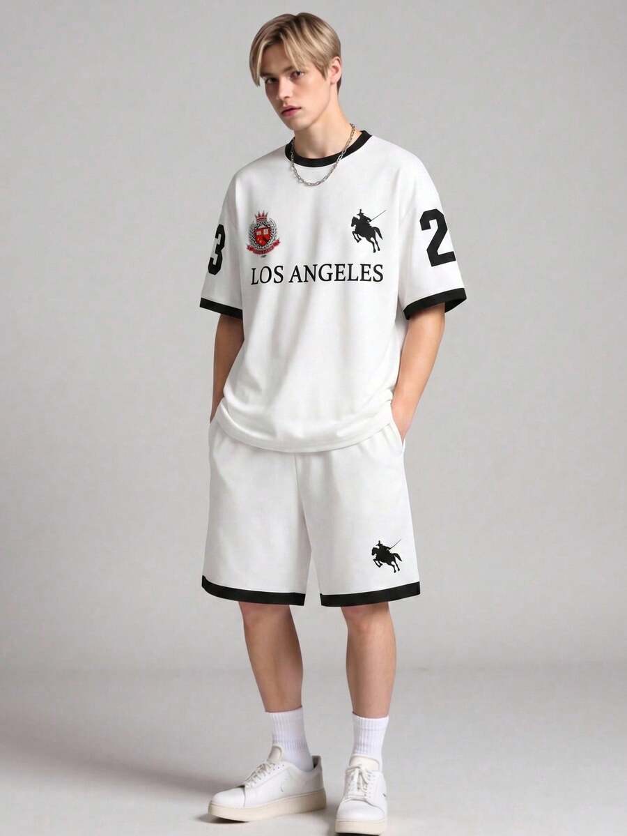Vacaura 2pcs Men's Teenager Minimalist Set Fashionable English Graphic Crew Neck Pullover T-Shirt With Knitted Shorts, Contrast Color Design Of Top And Pants Is Excellent, Comfortable Fabric, Suitable For Multiple Occasions And Seasons - White - View 1