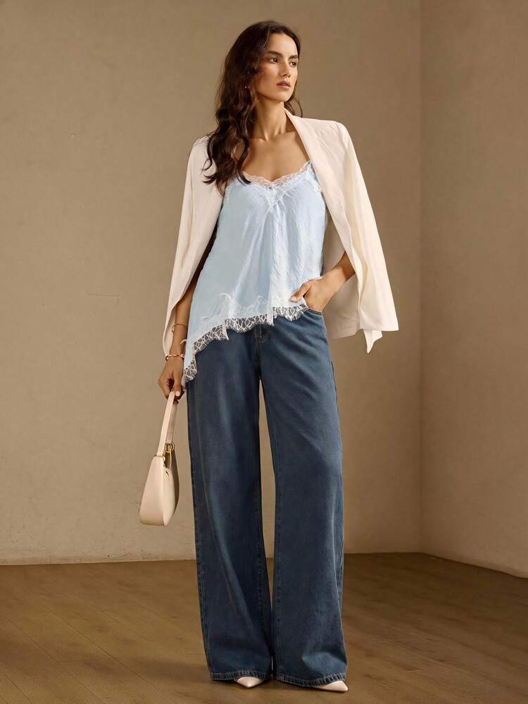 Briarwyn Summer Women's Lace Patchwork Asymmetrical Hem Fashion Elegant Lace Camisole Tank Top, Party Brunch,Light Blue Top,Going Out Tops - Baby Blue - View 7