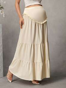 Momance Off-White Maternity Skirt, High Waist Belly Support Design, Multi-Layer Ruffle Patchwork, Flowy Chiffon Material, Loose Cake Hem,  Fall, Baby Shower - Apricot - View 3