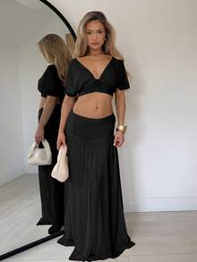 TRNVIE Fashionable Spring/Summer White Apricot V-Neck Mesh Top And Long Skirt Women's Two Pieces Set - Black - View 3