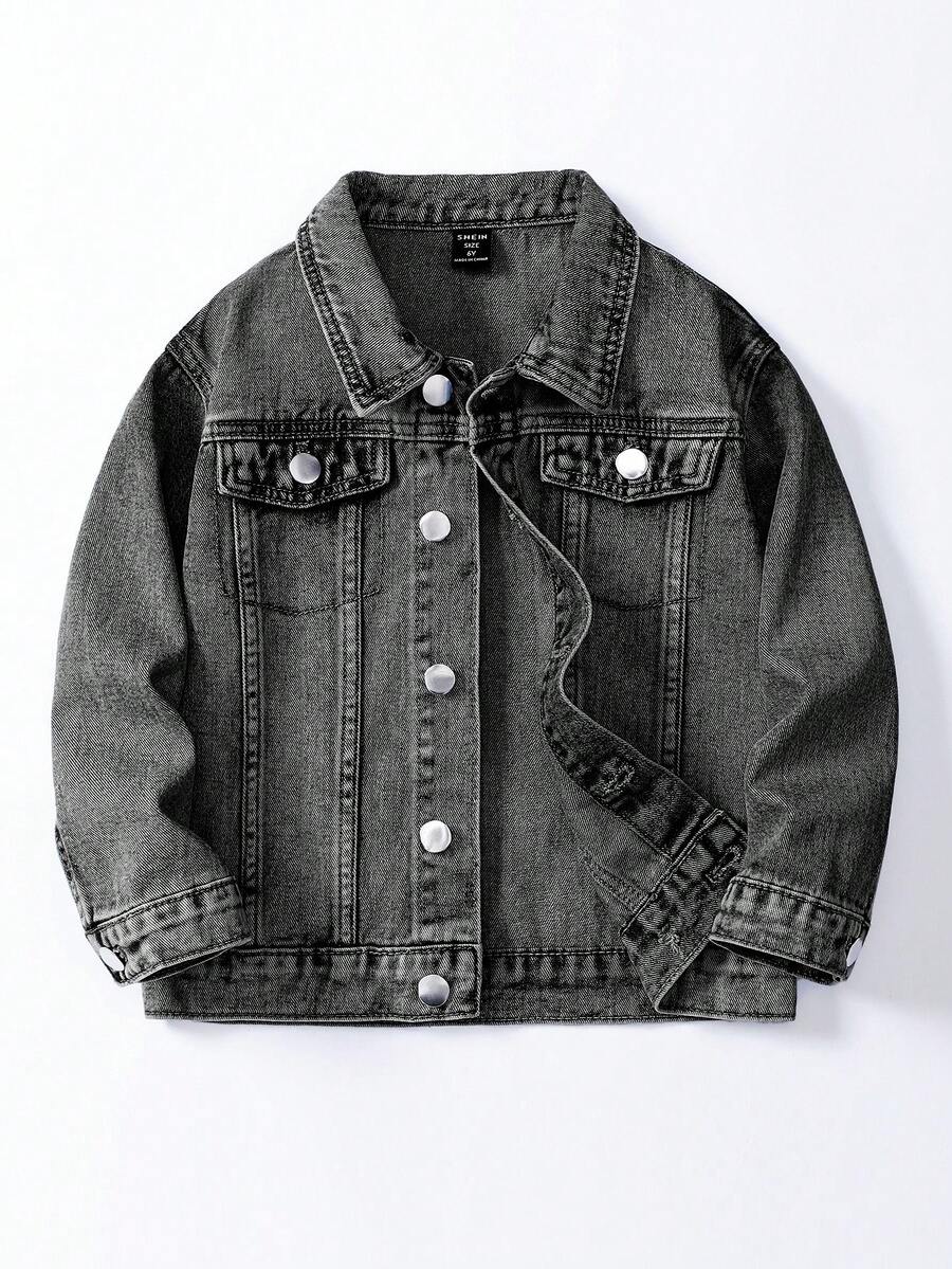 SHEIN Young Boy Casual Washed Denim Jacket - Grey - View 1