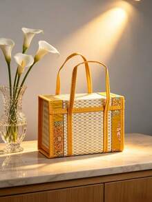 1Pc Foldable Camp Storage Basket Woven From Bamboo, Batik Cloth Covered, Picnic Basket, Rural Style. - yellow and white - View 11