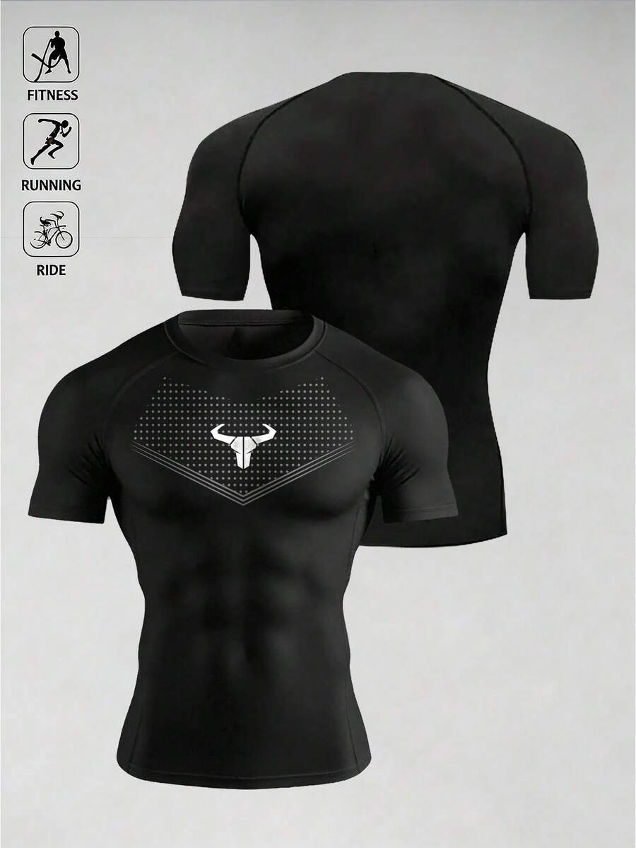 Acti Log Men's Bull Head Print Raglan Short Sleeve Sports T-Shirt, Gym - Black - View 1