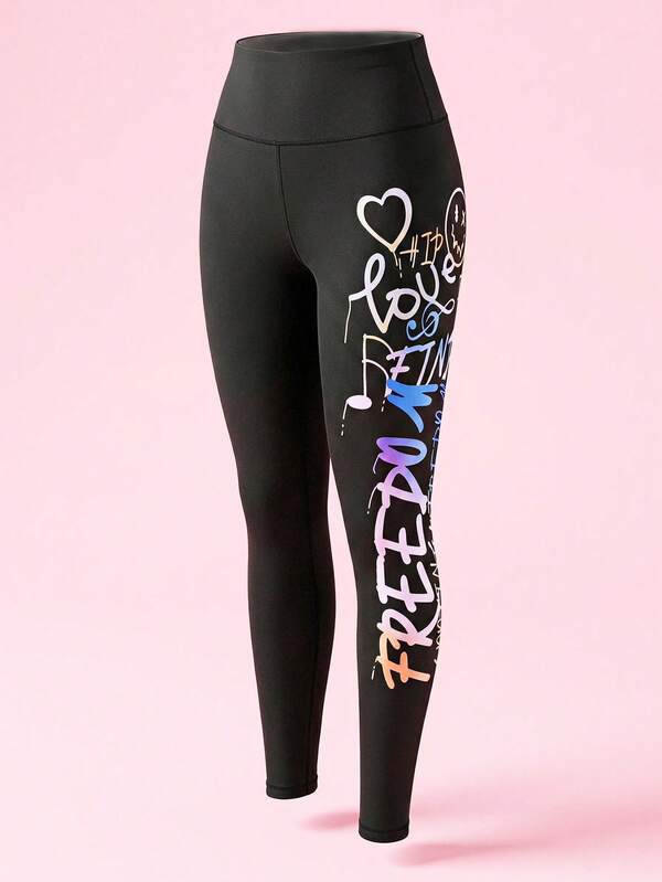 SHEIN Cheerettes Leggings deportivos para mujer con gráfico de letras y números, cintura ancha para yoga