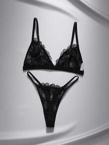 EmpressEnvy Set Lingerie Seksi 2 Potong dengan Penutup Depan dan Motif Renda untuk Wanita - Hitam - View 2