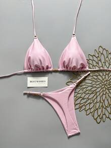Swim Mod Setelan Baju Renang Dua Potong Wanita Musim Panas Warna Polos Model Halter Neck Seksi Modis - Berwarna merah muda - View 1