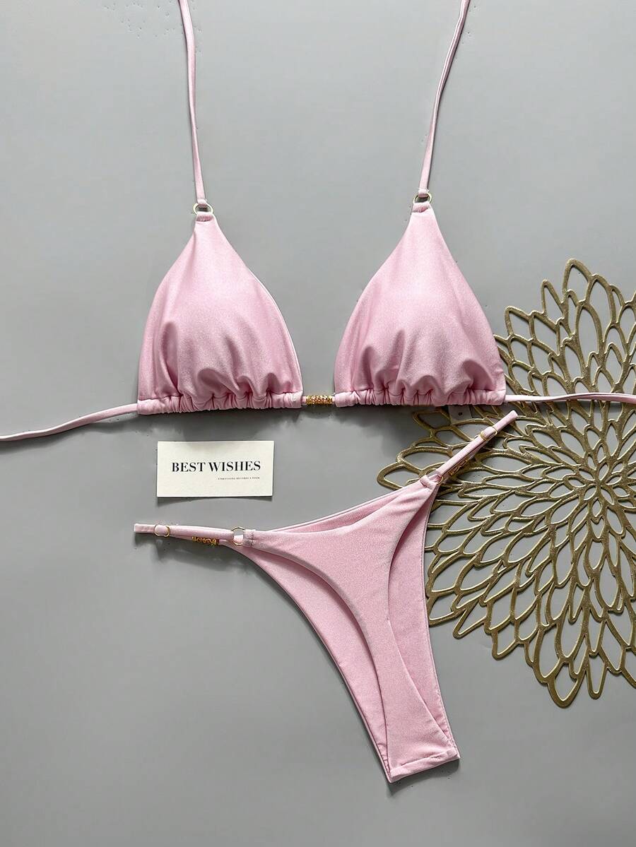 Swim Mod Setelan Baju Renang Dua Potong Wanita Musim Panas Warna Polos Model Halter Neck Seksi Modis - Berwarna merah muda - View 1