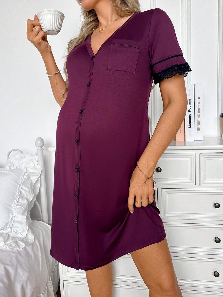 Moonlight&Mama Maternity Pajamas - Short Sleeve Dress (Lace Cuffs) - Purple - View 1