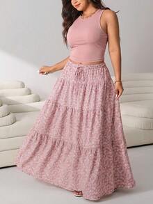 Solflare Casual Light Pink Dusty Pink Plus Size Women's Round Neck Tank Top And Ditsy Floral Skirt 2-Piece Set Beach Vacation Summer - Pink - View 7