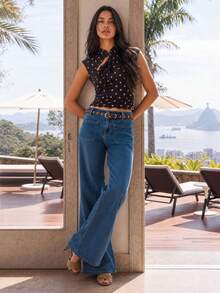 Nöista Polka Dots Fitted Sleeveless Top, Featuring A Mandarin Collar, Side Tie Detail, And Subtle Ruching That Flatters The Silhouette. - Brown - View 6