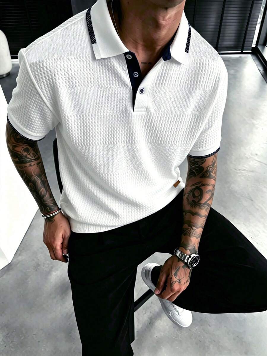 Manfinity Homme Men's Knitted Jacquard Texture Splicing Contrast Collar 3-Button Collar & Cuff Ribbed Polo Shirt, Formal - White - View 1