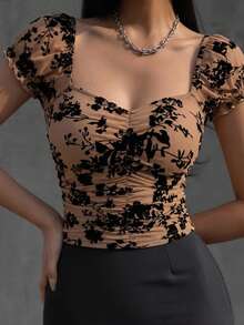DAZY Women's Square Neck Ruched Floral Mesh Short Sleeve Top Summer Cute Tops Going Out Tops - Brown - View 8