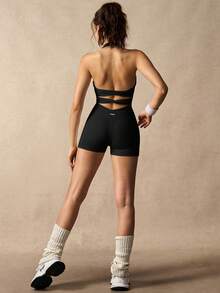 VARSIVA Women's Solid Color Pleated Halter Neck Sports Romper - Black - View 2