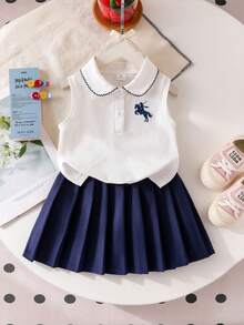 SHEIN Elladie kids 女童2件組學院風馬刺繡翻領荷葉邊刺繡領無袖背心上衣與寶藍色百褶裙，適合夏季返校季節 - 白色 - 查看 3