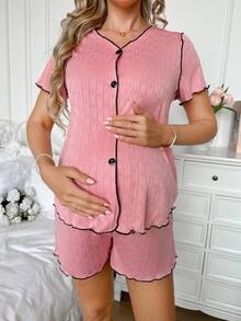 Moonlight&Mama Maternity Short Sleeve Button V-Neck Loungewear - Coral Pink - View 4