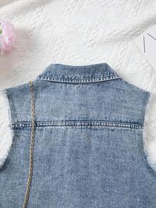 女童牛仔夾克背心，夏季新品，淺色水洗無袖毛邊領牛仔上衣，休閒學院風外套，毛邊下擺牛仔背心，適合日常穿著、出遊、派對、戶外、夏季度假 - 淺色水洗藍 - 查看 7