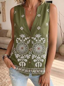 SHEIN LUNE Island Style Easy V-Neck Open Front Placement Print Vintage Tropical Boho Casual Vacation Vest Commuter Premium Women's Tank Top Green Floral Summer - Multicolor - View 7