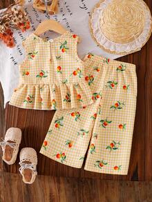 SHEIN Vintaside Kids 2件組女嬰橘黃色圓領無袖背心上衣 荷葉邊娃娃領鈕扣前襟蝴蝶結裝飾上衣 彈性腰長褲套裝 春夏秋季新款 舒適可愛甜美 適合居家與外出 - 黃色 - 查看 3