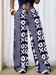 BamGleam Fashionable Casual Commuter City Break Vacation Wave Pattern Symbol Print Wide Leg Long Pants Navy Blue And White Autumn Vacation - Multicolor - View 4