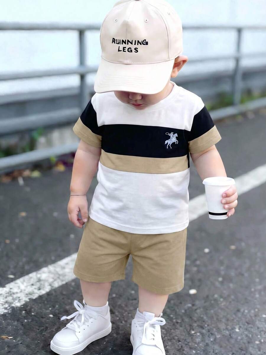 SHEIN Streecool Kids 小男孩配色拼接T恤短褲兩件套 - 卡其色 - View 1