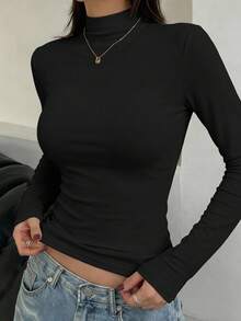 DAZY 1pc Women's Solid Color Crew Neck Fitted Short Sleeve T-Shirt - Black - View 5