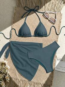 Swim Vcay Conjunto de 3 piezas de traje de baño de bikini de unicolor y estilo sexy de halter para mujeres, conjunto de traje de baño, para vacaciones de verano en la playa - Gris Oscuro - Ver 4
