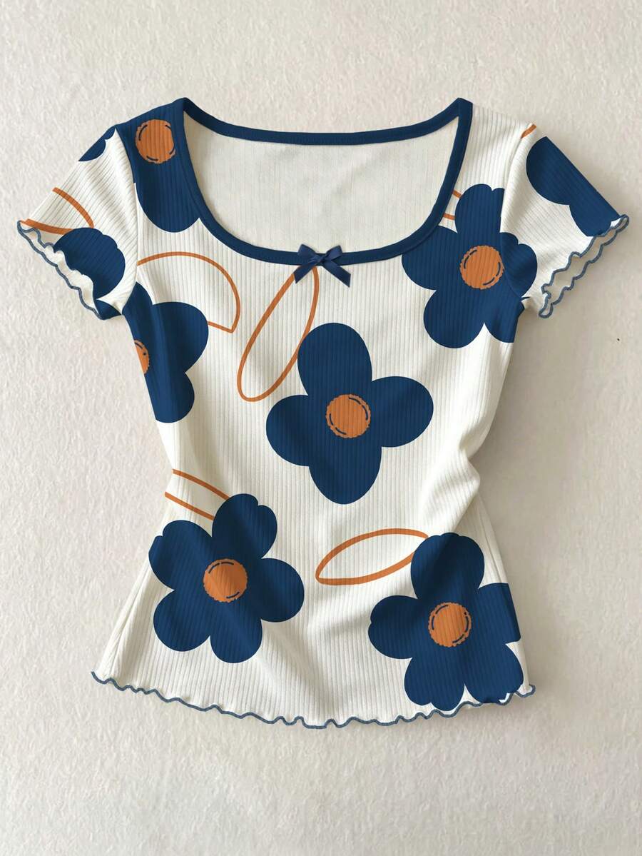 IslaSuriya Women's Y2K Big Floral Print Bow Contrast Trim Square Neck Ribbed Slim Lettuce Hem Short Sleeve Tee - Multicolor - View 1