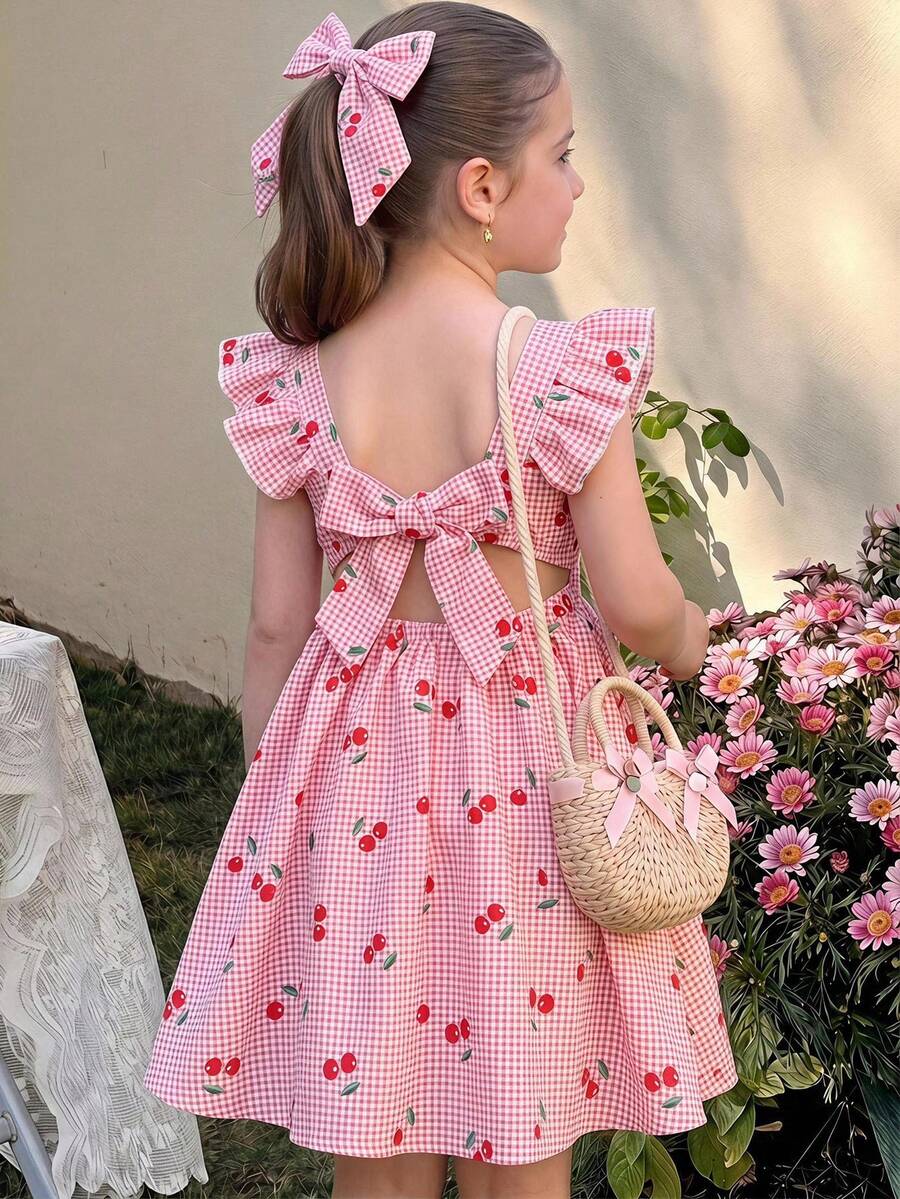 SHEIN LMoss Kids 少女夏季格紋洋裝，少女可愛櫻桃印花度假洋裝，度假，假期