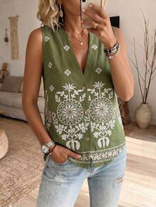 SHEIN LUNE Island Style Easy V-Neck Open Front Placement Print Vintage Tropical Boho Casual Vacation Vest Commuter Premium Women's Tank Top Green Floral Summer - Multicolor - View 3