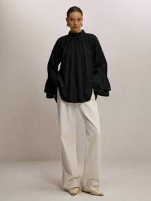 ATUI Studio Women's Stand Up Collar Pleated Loose Shirt With Double-Layer Ruffle Edge Flared Sleeve Design, - Black - View 3