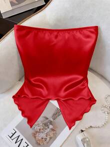 GlowEve Blus Satin Tanpa Tali dengan Detail Simpul untuk Wanita, Elegan untuk Sehari-hari, Liburan, Jalan-jalan, Pesta, Musim Semi/Panas, Warna Merah - Merah - View 2
