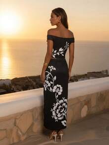 CAJUNI Women's Vacation Floral Print Off-Shoulder Cropped Top Long Skirt Slim Fit Set Night Out Black And White Summer Elegant Jamican Sexy Tropical - Black and White - View 2