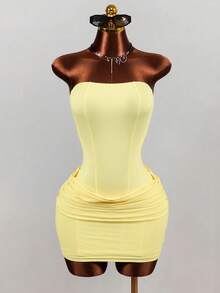 BamGleam Women Summer Solid Pale Yellow Strapless Corset Bodycon Mini Dress Ruched Wrap Hem Sexy Night Out Club Party Beach Photo Outfit - Yellow - View 8