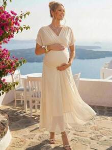 Loomaby Pregnant Women's Solid Color Crossed V-Neck Batwing Sleeve Elegant Dress,Gender Reveal Dress,Maternity Dress,Baby Shower Dress - Khaki - View 4
