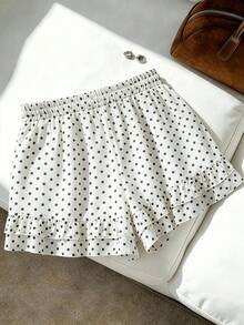 GlowEve CURVE Plus Size Chiffon Polka Dot Fabric Ruffle Hem Lined Elastic Waist Casual Outing Daily Commute Date Party Shorts - Black and White - View 2
