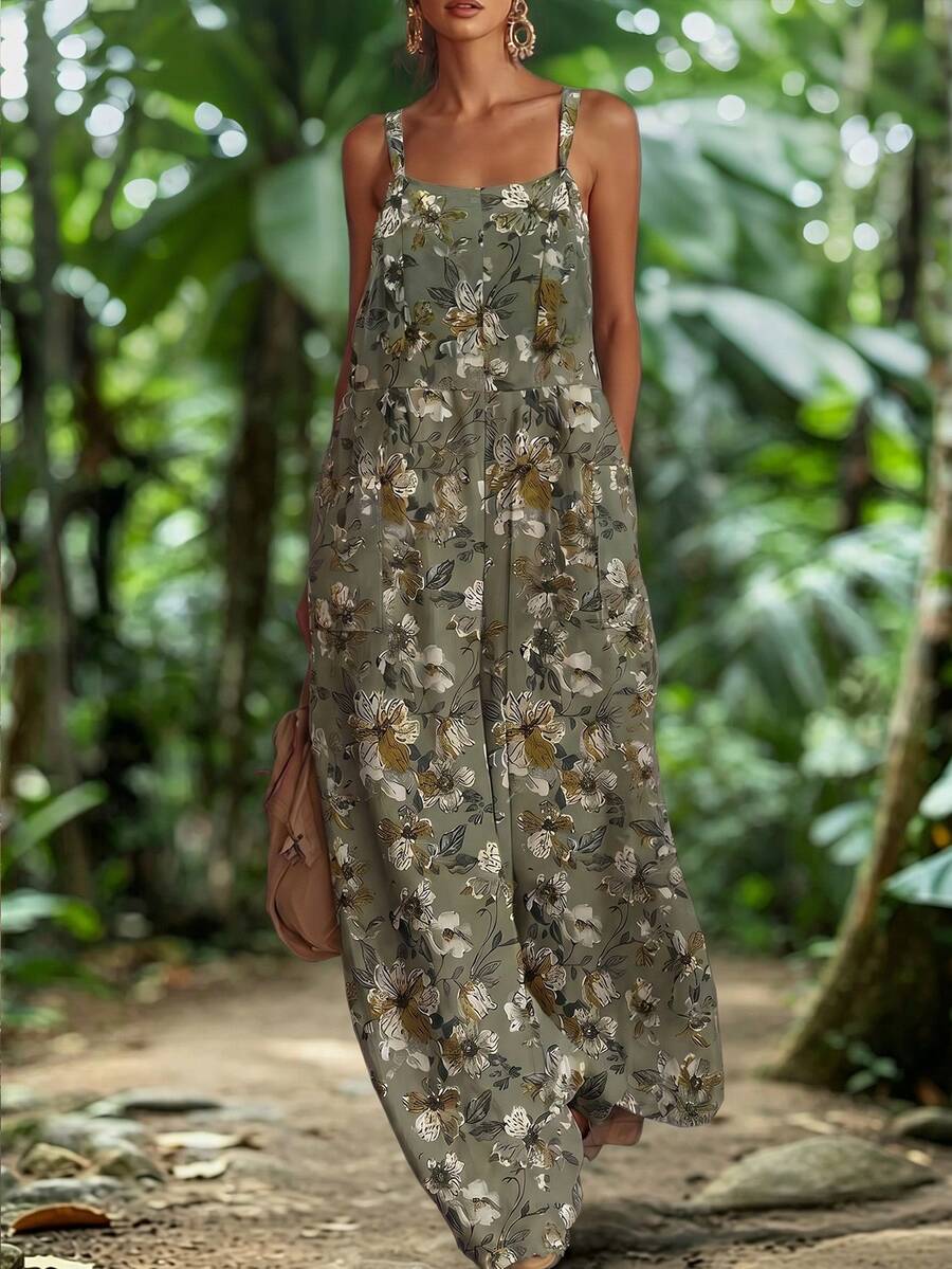 EMERY ROSE Plus Size Summer Casual Floral Print Jumpsuit - Green - View 1