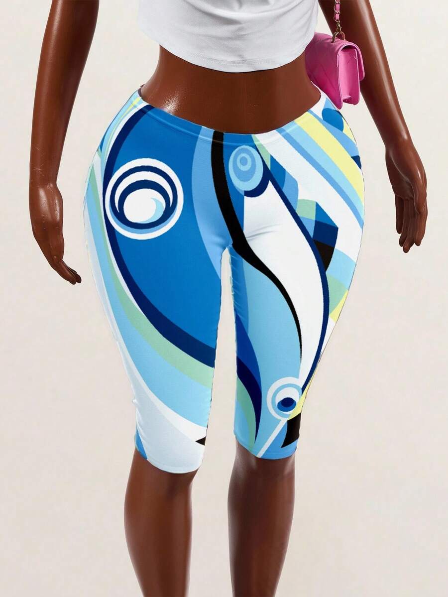 Mistrie Pantalones cortos de mujer para uso diario casual, de verano, deportivos, con estampado geométrico multicolor, cintura baja elástica, control de abdomen, levantamiento de glúteos y efecto adelgazante - Multicolor - Ver 1