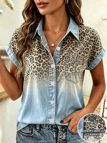 EMERY ROSE Women's Casual Printed Shirt, Summer New Blouse, Denim-Like Leopard Print Pattern, Suitable For Business, Shopping, Holidays, Short Sleeve Shirt - Multicolor - View 1