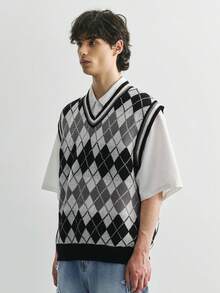 Sonviro 男士休闲撞色菱形针织背心，几何图案V领毛衣背心，冬季 - 灰色 - 查看 5