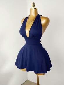 Mistrie Black Tight-Fitting Romper With Deep V-Neck, Backless Strap - Navy Blue - View 5