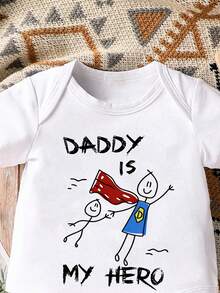 SHEIN Playful Pals 1件男嬰卡通可愛標語「DADDY IS MY HERO」字母印花短袖連身衣，夏季嬰兒中性款柔軟舒適日常背心連身衣，父親節適用 - 白色 - 查看 4