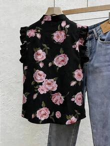 Franclia Women's Floral Print Ruffle Trim Vacation Blouse - Pink - View 3