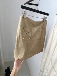 SHEIN Frenchy 女士纯色铆钉设计优雅半身裙 - 棕色 - 查看 4