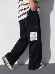 SHEIN 兒童青少年男童休閒日常百搭舒適口袋對比縫線寬鬆直筒工裝梭織長褲，適合春夏秋冬，黑色牛仔褲、工裝褲、寬鬆牛仔褲、男童服飾、寬鬆褲、卡其褲、寬腿褲 - 黑色 - 查看 3