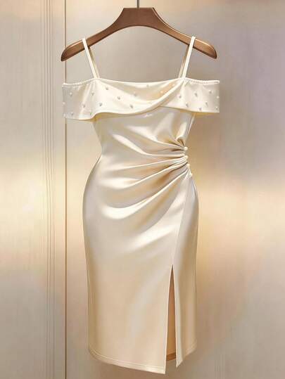 GlowEve CURVE Plus Size Women's French Elegant Off-Shoulder Spaghetti Strap Pearl Decorated Fitted Slit Evening Dress, High Elastic Fabric, Suitable For Daily Elegant Gatherings, Afternoon Tea, Dinner Parties, Dates, Urban Elegant Charming Goddess