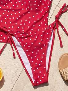 Swim Mod 2pcs Women's Beachwear Set, Fashionable Cute Sexy Vacation Seaside Swimming Pool Party Polka Dot Multicolor Spaghetti Strap Adjustable Tank Top And Side Tie Bikini Bottoms - Multicolor - View 5
